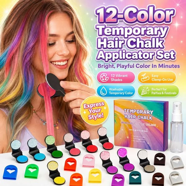 12-Color Temporary Hair Chalk Applicator Set - 1 Set (12 Colors)