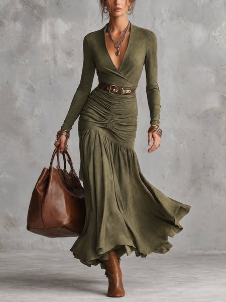 Olive Green V-Neck Long Sleeve Faux Suede Ruched Maxi Dress