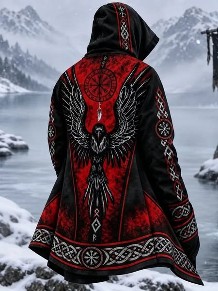 Manteau Viking noir et rouge au motif nordique