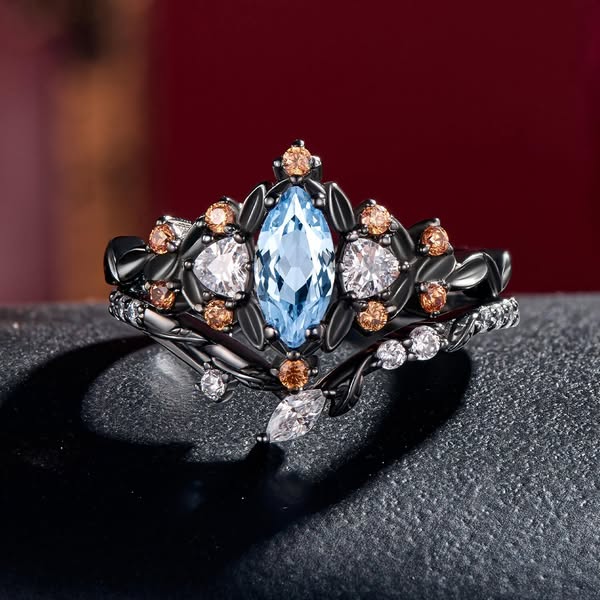 Royal Marquise Cut Aquamarine Black Gold Botanical Crown Bridal Ring Set