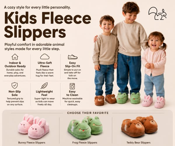 Plush animal pals with a thick, durable sole that keeps little feet comfy from couch to backyard.