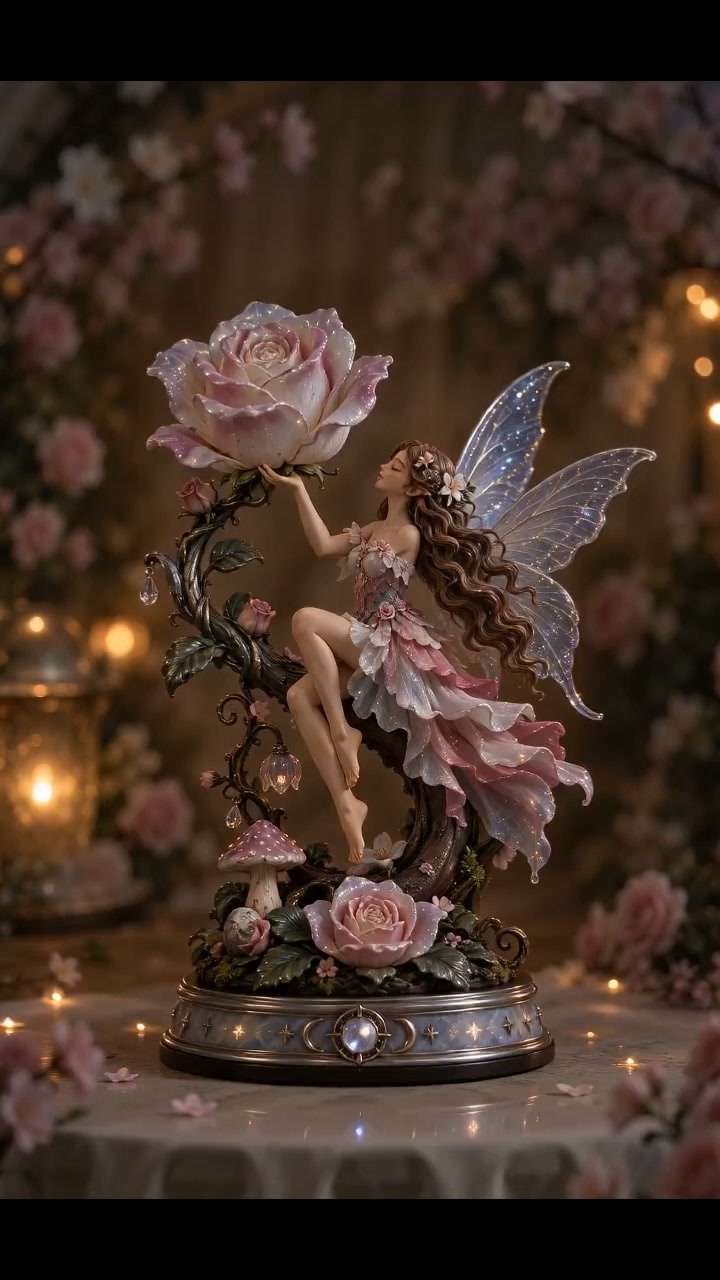 It looks like a tiny flower garden… until the lights go down. Nestled among soft blooms, a little fairy begins to glow — turning an ordi