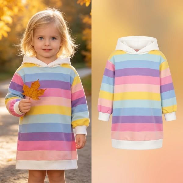 【18M-9Y】Girls' Cute Rainbow Striped Hooded Sweatshirt Dress