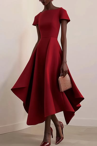 Semiformal Party Burgundy Crew Neck Irregular Hem Midi Dress