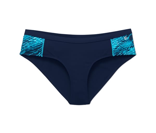 Granatowe majtki sportowe od bikini z turkusowymi wstawkami ozdobnymi