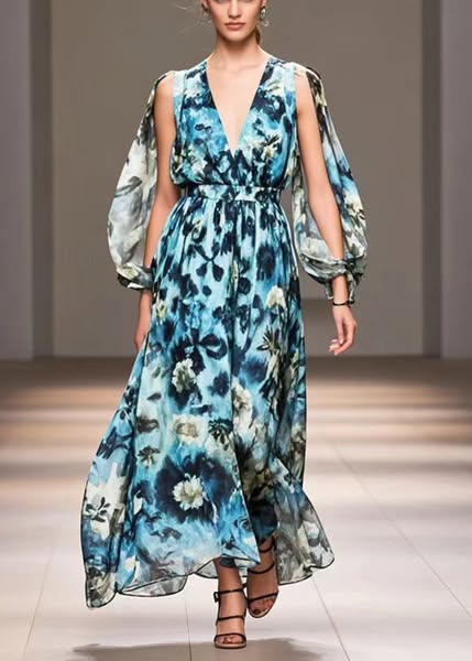 Women Blue Print Exra Large Hem Chiffon Long Dress Fall 5XL(Fit for EU 52-54, US 20-22, UK/AU 24-26, IT 56-58)