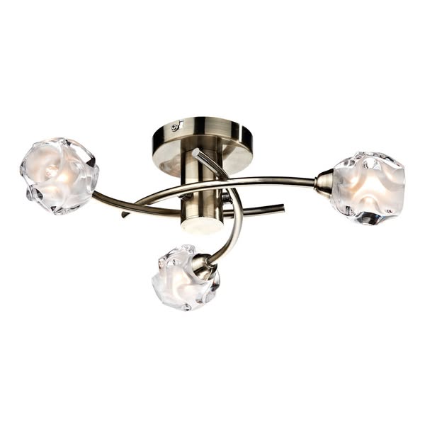 Dar Seattle 3 Light Glass Semi-Flush Ceiling Light - Antique Brass