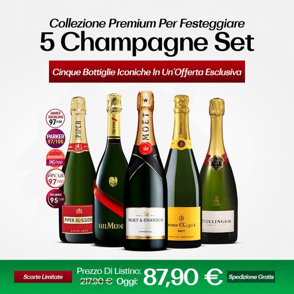5x750ml: Veuve Clicquot Brut, Moët Impérial, Bollinger Special Cuvée, Mumm Cordon Rouge e Ruinart Brut