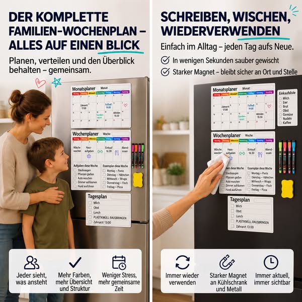 Magnetischer Familienplaner – Monats-, Wochen- und Tagesübersicht