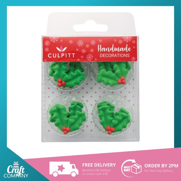 Culpitt Holly & Berry Christmas Sugar Cake Decorations - Pack of 12, Baking and Cake Decorating | Craft Company