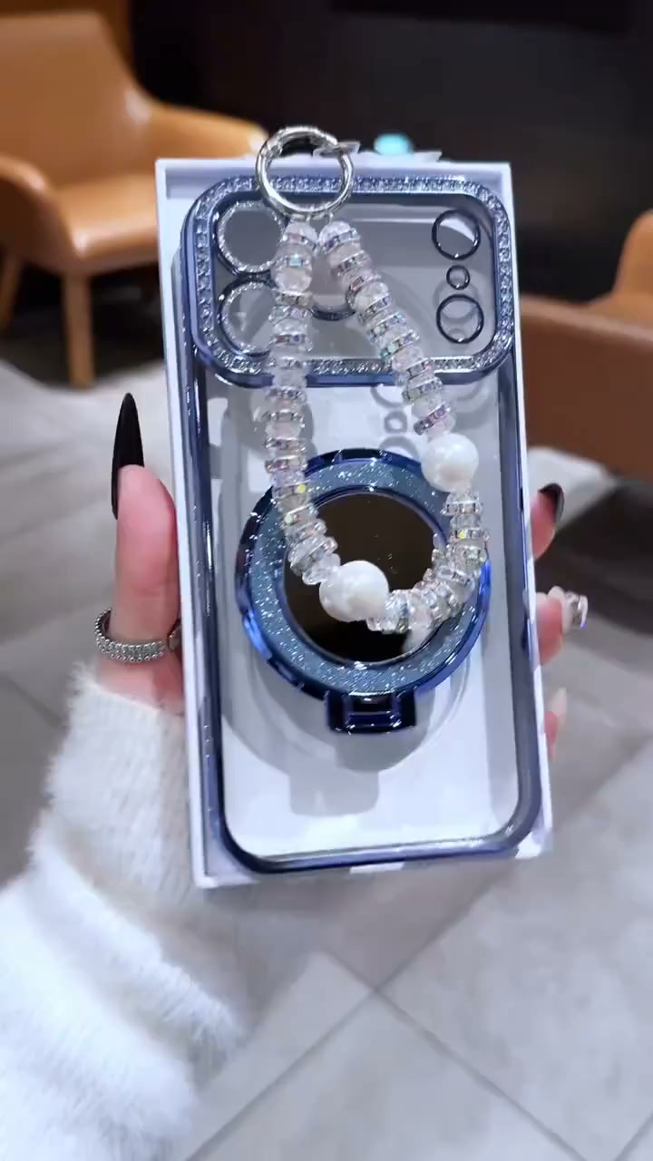 Sparkling Diamond Women's Phone Case with Mirror & Stand for iPhone 12/13/14/15/16/17 Pro Max,17Air,14/15/16 Plus